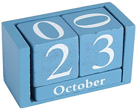 Zerodis Vintage Holz Perpetual Desktop Kalender Holzblock Monat Datumsanzeige Home Office Dekoration(Blau)