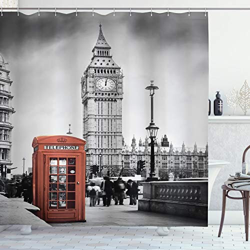 ABAKUHAUS London Duschvorhang, Telefonzelle Big Ben, Stoffliches Gewebe Badezimmerdekorationsset mit Haken, 175 x 220 cm, Grau Rost