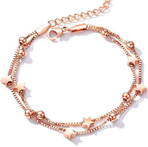 Cupimatch Armband Frauen Fein Pentagramm Edelstahl Doppelte Kette Verstellbar Damen Arm Schmuck, Rosegold