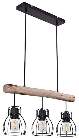 etc-shop Holz Design Hängeleuchte mit Gitter Lampenschirmen Pendelleuchte mit Holzbalken 3 flammig, Metall schwarz Holz natur, 5x E27 max 40 Watt, LxBxH 60x13,6x140 cm, Wohnzimmer Esszimmer