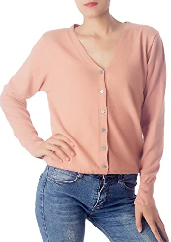 iB-iP Donna Maglione Leggero Cardigan V-Collo Bottoni, Taglia: 42, Rosa Pallido