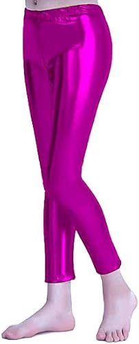 Leggings Brillantes para Niña 4-12 Años, Cintura Elástica y Largo hasta el Tobillo, Mallas para Danza Disco Jazz Baile y Fiesta (Fucsia, 12 años)