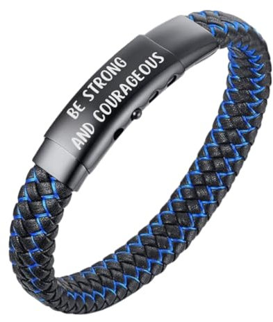 Halukakah Geschenk für Kind Geburtstag Weihnachten: JAZZ Titan Lederarmband 18-20cm Verstellbar. BE STRONG AND COURAGEOUS Graviert, mit Einer Schönen Nachricht Karte und Geschenkbox, für Sohn Enkel