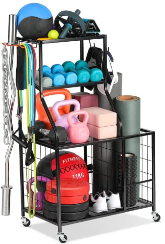 Weight Rack For Dumbbells Storage - Home Gym Storage Yoga Mat Storage Rack Workout Equipment Storage Rack for Kettlebells, Multifunction Exercise Equipment Gym Rack Organizer with Wheels and Hooks