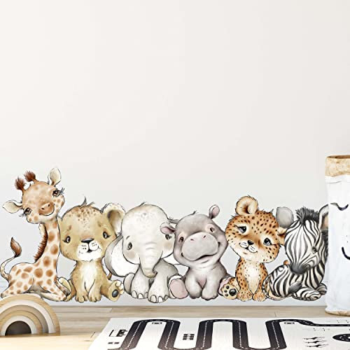 WANDKIND Tiere Afrika Wandtattoo Safari Kinderzimmer V351 | handgezeichnet | AUFKLEBER Kindergarten | Wandsticker Dschungel mit Löwe Elefant Giraffe Nilpferd Zebra Tiger (120 x 120 cm)