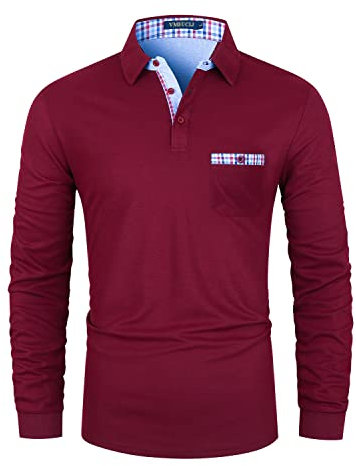 VMSUCIJ Poloshirt Herren Langarm Baumwolle Regular Slim Fit Plaid Denim Golf Polohemd M-3XL,Rot,XL