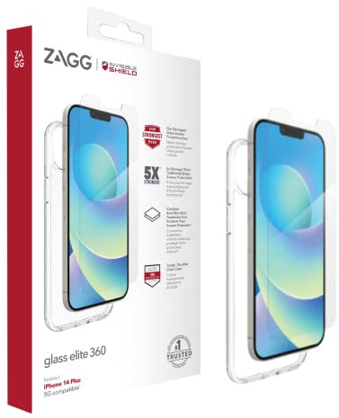 ZAGG InvisibleShield Glass Elite 360 Screen Protector & Clear Case Bundle Compatible for iPhone 14 Plus, Slim, Anti-Microbial, Shockproof, Smudgeproof, Scratch Resistant, (Clear)