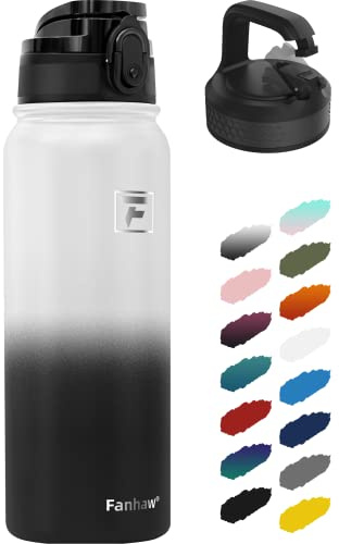 Fanhaw 600ml Insulated Stainless Steel Water Bottle with 2 Lids - Leak & Sweat Proof with Anti-Dust Lid (White Black)