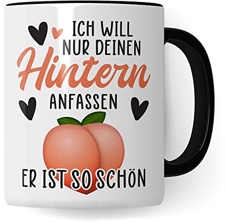 Hintern Tasse Freundin Geschenk Kaffeetasse Freund Popo Kaffee-Becher lustiges Geschenk Beziehung Geschenkidee Humor Ich will deinen Hintern anfassen Spruch Zeichnung (Weiß/Schwarz)