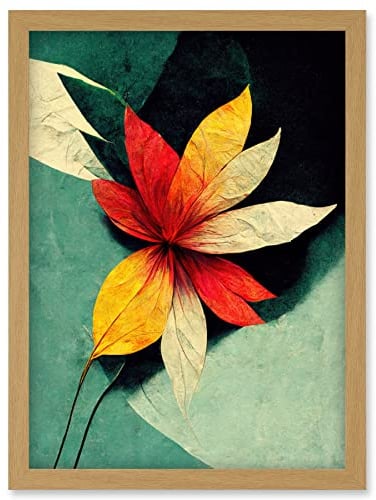 Wee Blue Coo Abstract Flowers Teal Red Yellow Artwork Framed Wall Art Print A4