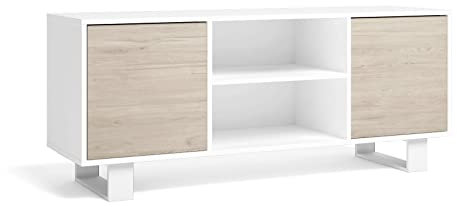 Skraut Home | Meuble TV 140 avec 2 Portes | 140 x 40 x 57 cm | pour Salon/Salle à Manger | Modèle Wind | Finition Couleur Blanc/Chêne