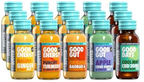 Unrooted Functional Shots Multipack - 3x Mighty Ginger, 2x Punchy Turmeric, 2x Apple Cider Vinegar, 3x Original Baobab, 2x CBD 20mg, 12 x 60ml Bottles