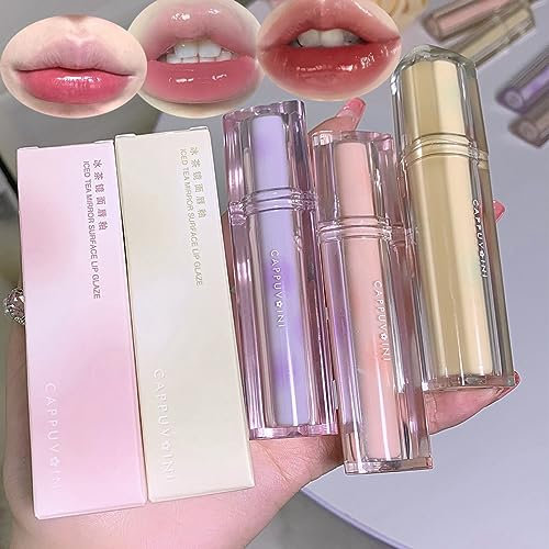 Pakivs 3Pcs Water Light Glass Jelly Lip Glaze,Waterproof Long Lasting Moisturizing Liquid Lipstick Hydrating Lip Stain Plumping Water Lip Gloss for Women