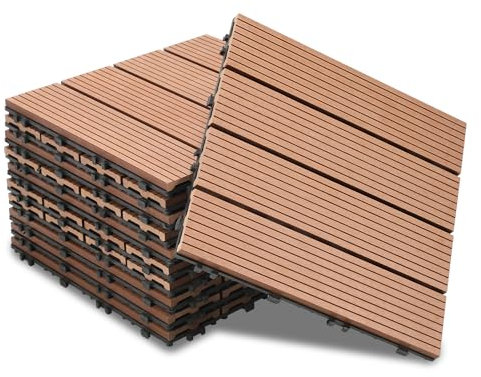 Ansobea WPC Terrassenfliesen Fliesen, 30x30 Holzfliesen 11er Set für 1m²,Balkonfliesen in Holzoptik,Balkon Bodenbelag mit Klicksystem,Terrassendielen Wasserfest für Balkon & Terrasse(Braun)