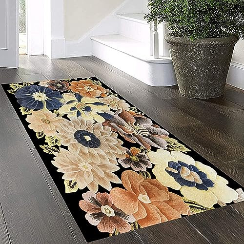 Teppich Läufer Flur rutschfest Küchen Teppich 80x100cm,3D Blumenmuster Orange Und Braun Küchenteppich Küchenläufer Korridor Schlafzimmer Wohnzimmer Meterware Eingang