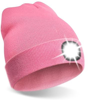 mizikuu Mütze mit Licht LED, Wiederaufladbare USB Laufmütze mit Licht 4 LED 3 Stufig Dimmbar, Unisex Winter Wärmer Strickmütze zum Angeln Camping Laufen Wandern, Rosa