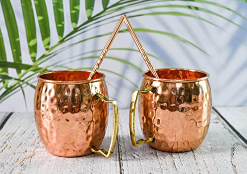 India House - Ensemble de tasses Moscow Mule 473 ml | Ensemble de tasses à cocktail | 100% cuivre avec poignée en laiton | Verres en cuivre | Cadeau de fête (ensemble de 2 tasses martelées - poignée