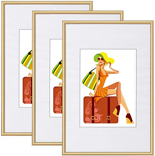 WOLTU Bilderrahmen 13x18 cm Set of 3 Fotorahmen aus Kunststoff mit Passepartout, Posterrahmen zum vertikalen oder horizontalen Aufhängen/Aufstellen, Collage Wanddeko, Gold