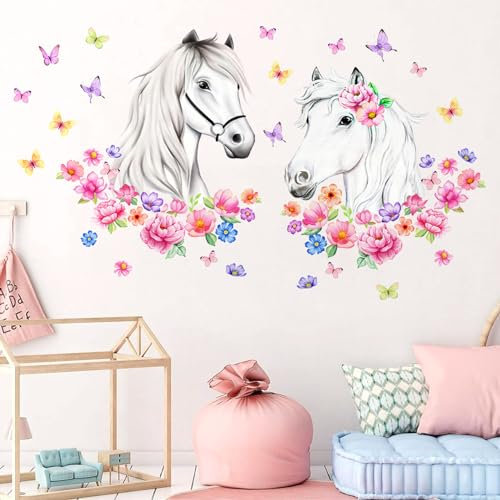 Idota Wandtattoo Pferdekopf, Selbstklebende Wandtattoo Blumen DIY Wandtattoo Kinderzimmer Schmetterlingen Schöne Deko Wandtattoo Pferde Mädchen für Geburtstagsfeiern/Schlafzimmer/Wohnzimmer