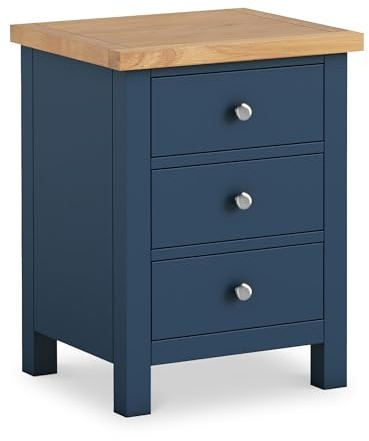 RoselandFurniture Farro XL Navy Blue 3 Drawer Bedside Table | Fully Assembled, Night Stand Cabinet with Oak Top, Painted Finish, Modern Style, H60cm W46cm D40cm