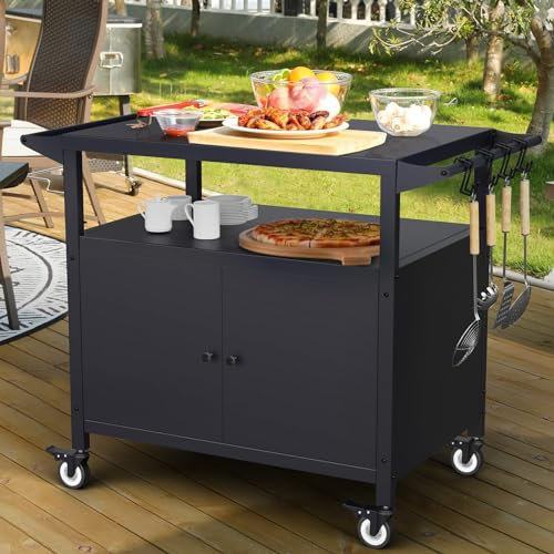 SEUNSHANY Outdoor-Grilltisch mit Stauraum, beweglichem Grillwagen, Kücheninsel-Vorbereitungseinrichtung, Blackstone-Grillständer, Servierwagen, Rollbar mit 4 Utensilienhaken