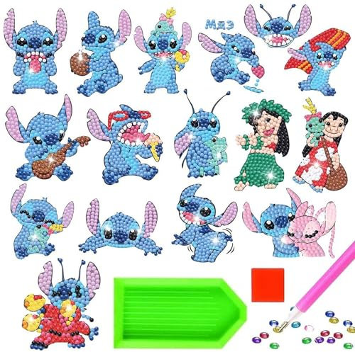 Moowi Diamond Painting Pegatinas Niños, 16 PCS DIY 5D Diamante Pintura Kits, Pegatinas de Diamond Painting, 5D Niños Diamante Pintura por Número Kit, Bordado de Diamantes