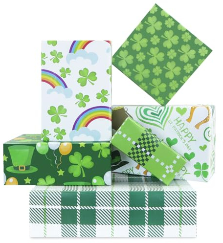 6 Blatt doppelseitiges Geschenkpapier zum St. Patrick's Day, Geschenkpapier, Geschenkpapier, Kunstpapier für Kinder, Jungen und Mädchen, St. Patrick's Day, Hochzeit, Geburtstag, 68 x 50 cm