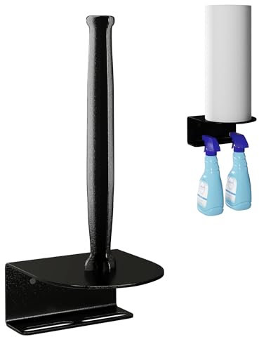Koova Spray Bottle & Paper Towel Rack Heavy Duty - Wall Mount Storage for 2 Spray Bottles and Paper Towel Roll Utility Organizer Hardware Included - Made in USA Sturdy Metal Holder for Home and Garage