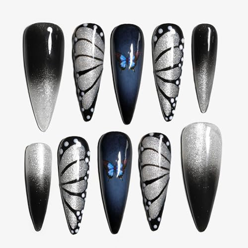 Sun&Beam Nails Handmade Press-on Long Pointed Nails Silver Black Butterfly Gray False Nail Tips Design Fashionable 10 Pcs Set (#160 L)