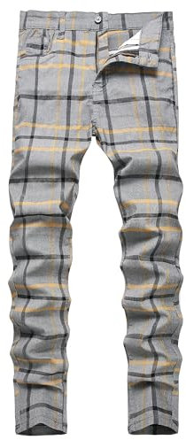 TENGINE Pantalon chino à carreaux pour homme, coupe ajustée, coupe ajustée, robe de golf, affaires, pantalon décontracté, Gris/carreaux jaunes, 48
