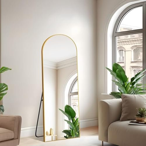 NIMURY Miroir sur Pied 161 x 52 cm, Grand Miroir Mural en Pleine Longueur avec Cadre en Aluminium Doré, Miroir Arqué pour Salle de Bain, Chambre, Entrée et Couloir