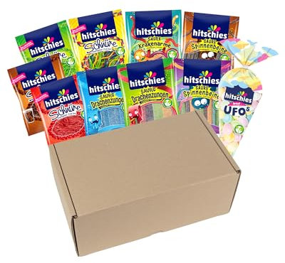 hitschies Geschenkbox Vegan Box - Süßigkeiten Box mit 10 hitschies - Fruchtig-leckerer Naschspaß - Fertig verpackt - Boxmaße: 31x18x13 cm