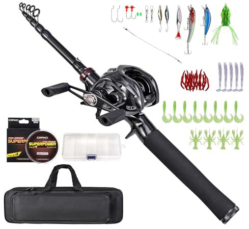 Kavolet Angelset, Tragbare Teleskopische Angel-Kombi-Rute Und Rolle, 180 cm/210 cm, Komplettes Fischzubehör-Set mit Spinnrollen, Köder und Hakenzubehör, Tasche und Koffer für Salzwasser-Angelzubehör