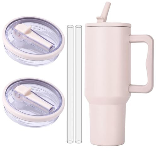 2PCS 40 OZ Tumbler Lids Replacement Cup Flip Straw Tumbler Lid, Reusable Tumbler Cover for Stanley, No Leakage Travel Tumbler Cup Lids Compatible with Straws Hole and Cleaning Brush (Beige)