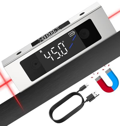 eSynic 4x90°Level Box Digitale con 2 Linee Laser, Doppio LCD, Angle Finder Inclinometro Dual Asse X/Y, Base Magnetica, Goniometro Ricaricabile in Alluminio 3 Unità °/% / MM/M per Falegname - Argento