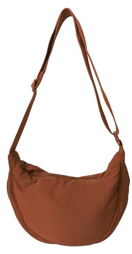 GoPaw Damen Halbmond Crossbody Schultertasche, Hobo Halfmoon Bag, Nylon Crossbody Bag Damen Halbmond Schultertasche mit verstellbarer Schultergurt, Einfarbige(Braun)