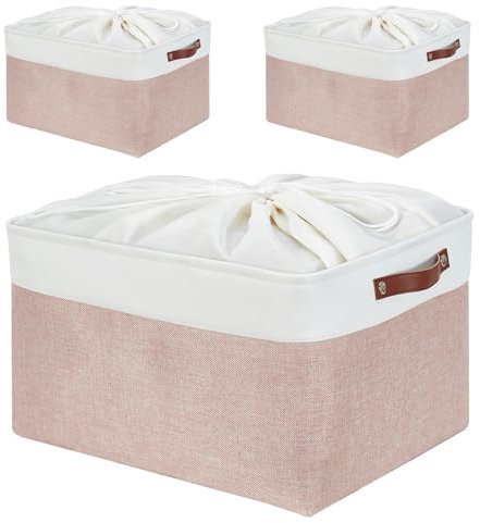 Mangata Cajas de almacenamiento rectangulares de tela, varios tamaños, cestas de material para estantes, armarios, juguetes y ropa, 45 x 35 x 24 cm, rosa y blanco (XL, paquete de 3)