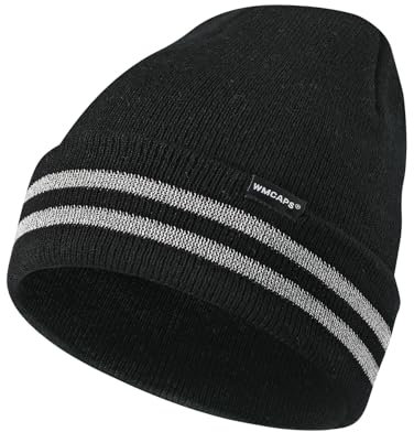 Wmcaps Mütze Herren mit Reflektierendem Streifen, Unisex Stretch Beanie mit Umschlag, Winddichte Outdoor Wintermütze für Damen, Winter Warme Laufmütze Geschenke für Sie oder Ihn, Schwarz