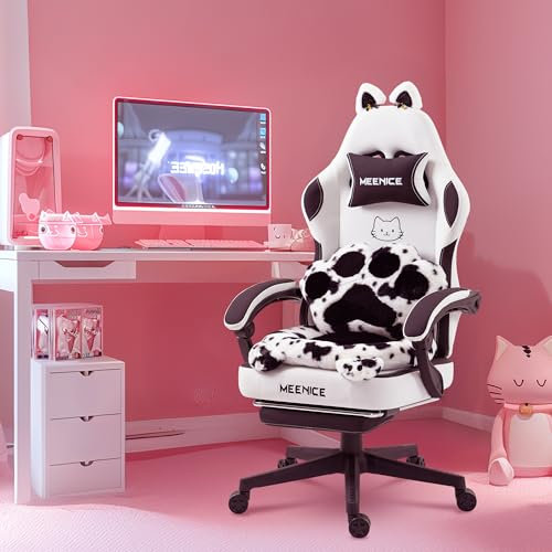 MEENICE Cute Gaming Stuhl mit Katzenpfote Lendenkissen und Katzenohren, Velour Ergonomische Gamer Stuhl mit Fußstütze, Zurücklehnen PC-Spiel Stuhl für Mädchen, Teenager, Kinder, Schwarz Weiß
