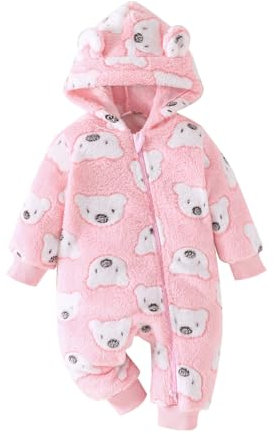 Yanmucy Tuta Invernale Neonato Inverno con Cappuccio Salopette Orso di Cartone Animato Bambino tuta da neve Caldo pile Zipper Bambino Ragazza Jumpsuit 0-18 mesi (Rosa, 12-18 mesi)