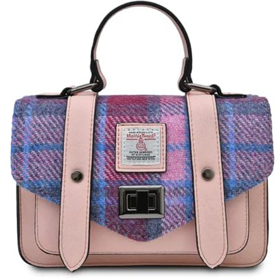Islander Harris Tweed Mini Satchel, Handtasche für Damen, Klappe und Mikrofaser-Leder, Rosa und Blau Tartan
