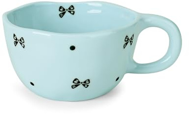 Koythin Ceramic Coffee Mug, Handmade Hot Chocolate Mugs, Cute Cup for Girl Women, Aesthetic Tea Milk Cup with Handle, 8.5 oz/250 ml for Latte, Cocoa, Office, Home (Blue Small Bow)