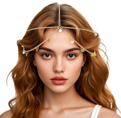 JIYIN Kopfkette Gold Damen, Kopfschmuck Goddess Crown Gold Göttin Kopfkette Pailletten Boho Geschichtete Kopfkette für Damen und Mädchen