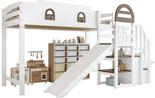 Lit pour enfant avec toboggan et escalier, étagère et 2 boîtes de rangement, lit mezzanine multifonction, lit simple avec protection élevée contre les chutes, blanc, 90 x 200 cm