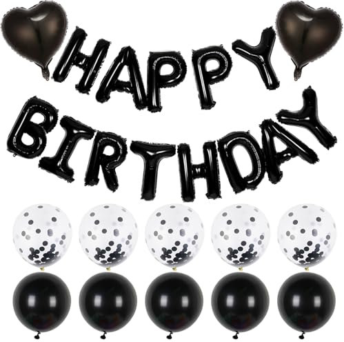 Ovanda Happy Birthday Ballon, Luftballons Schwarz Geburtstag Dekoration, Schwarz Happy Birthday Folienballons, Schwarzes Luftballons Konfetti Ballons, Buchstaben Folien Banner Helium Ballon