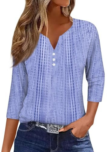3/4 Sleeve Tops for Women Henley Neck Casual Women's T-Shirts Ladies Fitted Ladies Shirts Blue M 4