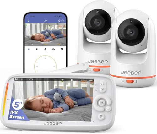 jeeber 2K/3MP Babyphone 2 Cameras, 5 IPS Écran Babyphone Connecté Smartphone, Rotation à 360 Degrés, Vision Nocturne, Lumière Infrarouge Invisible, Détection des Pleurs, Détection de Température, VOX