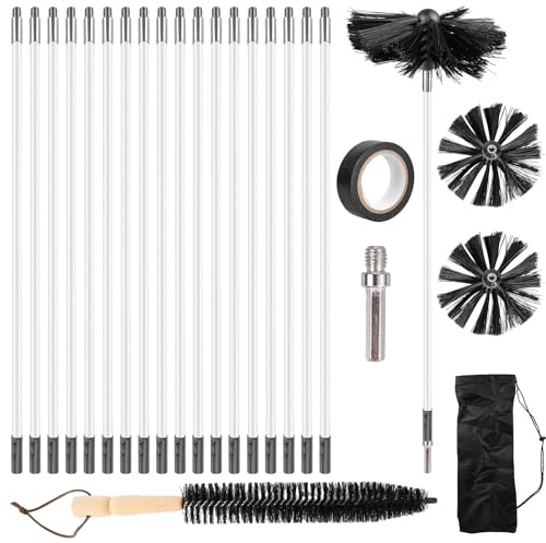 Lot de 24 brosses de nettoyage pour cheminée : 150 mm - Avec 18 tiges flexibles de 410 mm + 2 têtes de brosse de 150 mm + 1 longue brosse en bois + accessoires, pour cheminées, sèche-linge