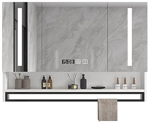 GXXINGIN Armoire de Toilette avec Miroir 80 x 80 cm, éclairage LED, 3 Portes, Rangement Mural, antibuée, étanche, Bouton Tactile, Horloge – Élégante et Fonctionnelle