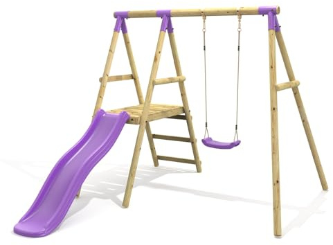 Rebo® Apollo Wooden Swing Set with Platform and Slide - Apollo Purple | OutdoorToys | 6ft Slide, Swing Seat, Sturdy Wooden Construction, Pressure Treated Timber